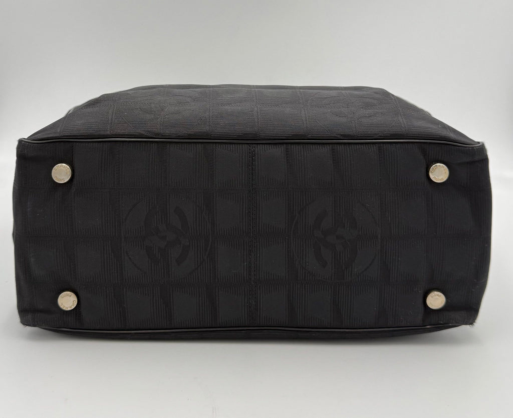 CHANEL Shopping Black Leather and Fabric Tote Bag