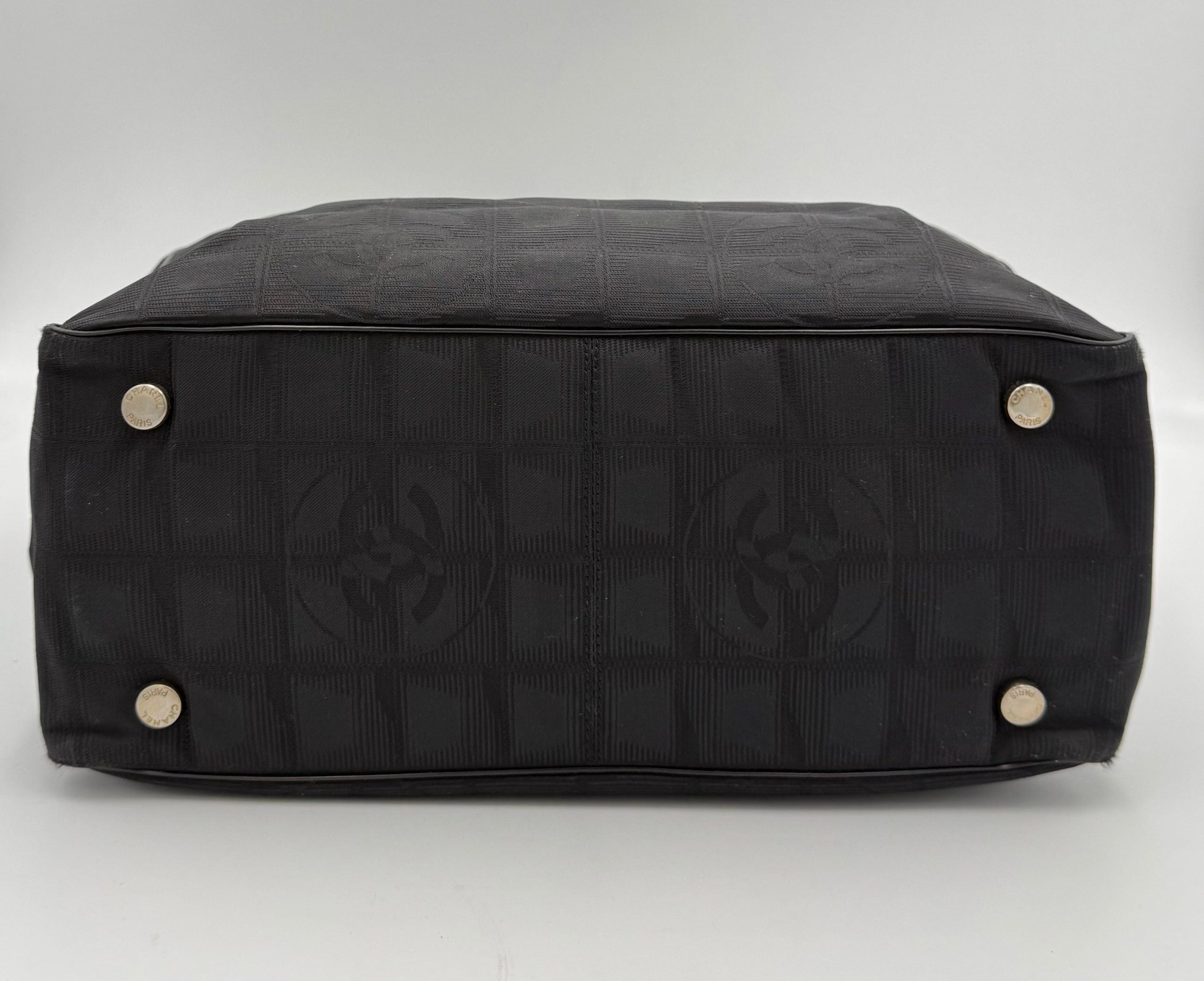 CHANEL Shopping Black Leather and Fabric Tote Bag