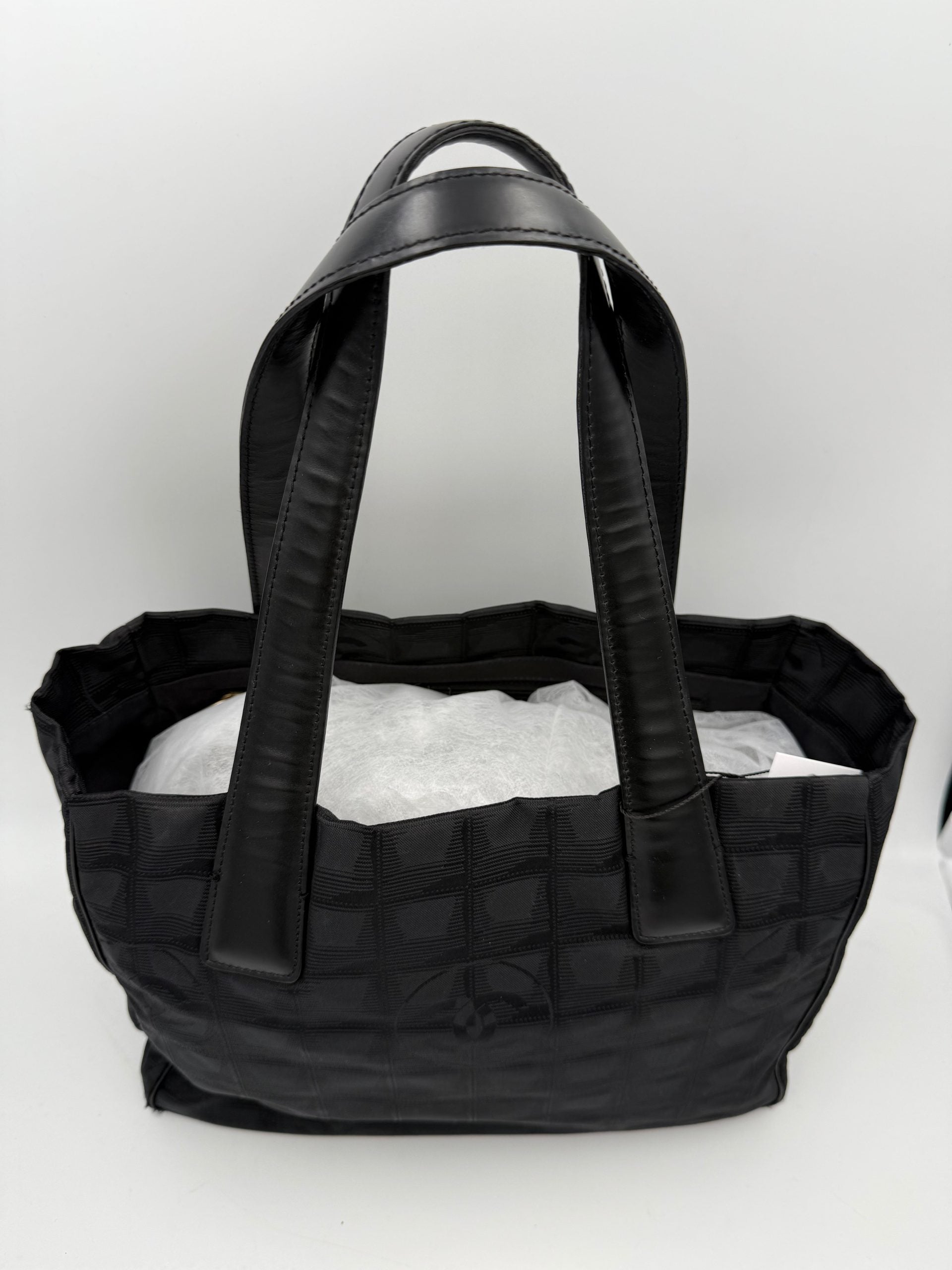 CHANEL Shopping Black Leather and Fabric Tote Bag