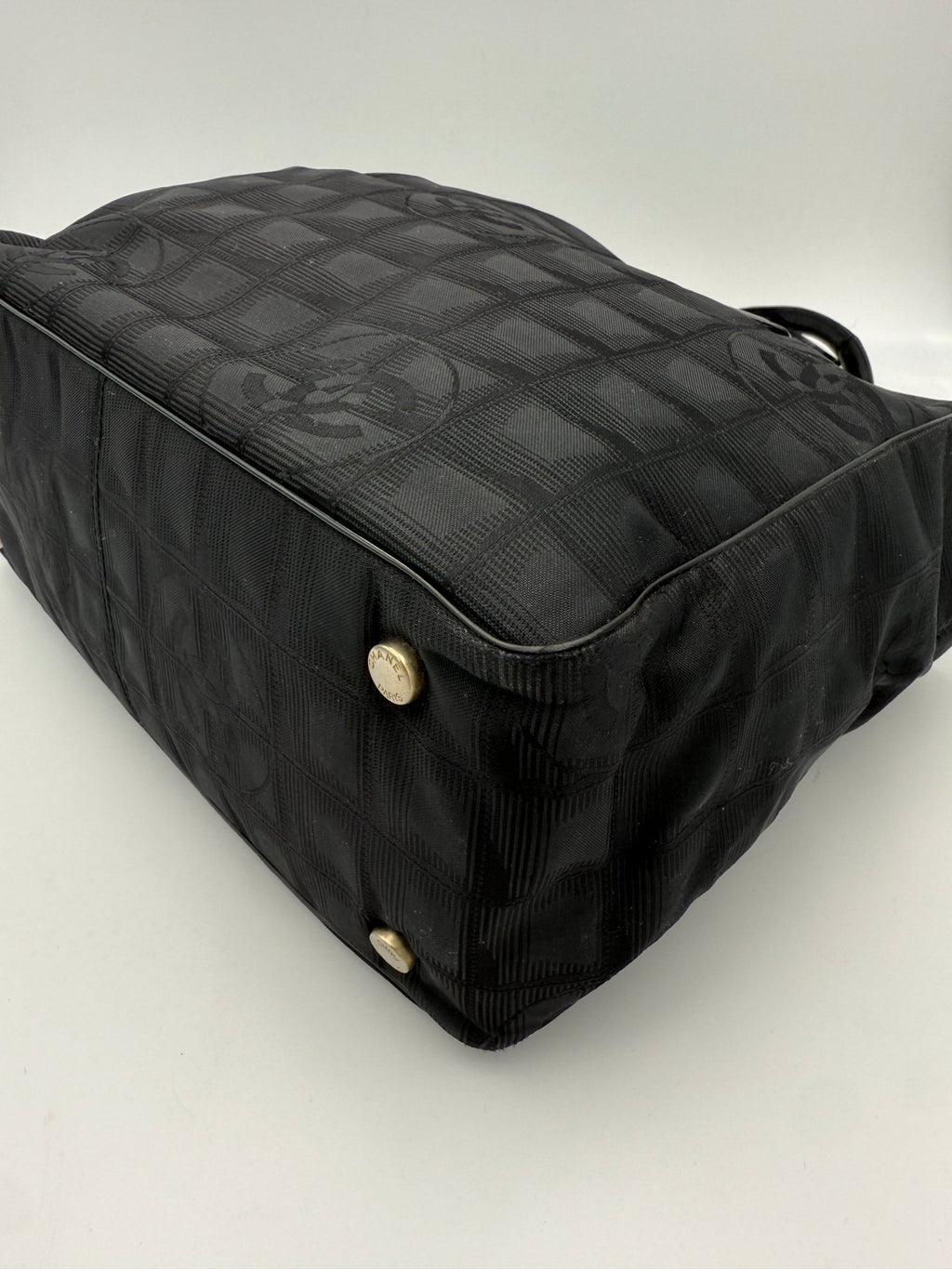 CHANEL Shopping Black Leather and Fabric Tote Bag