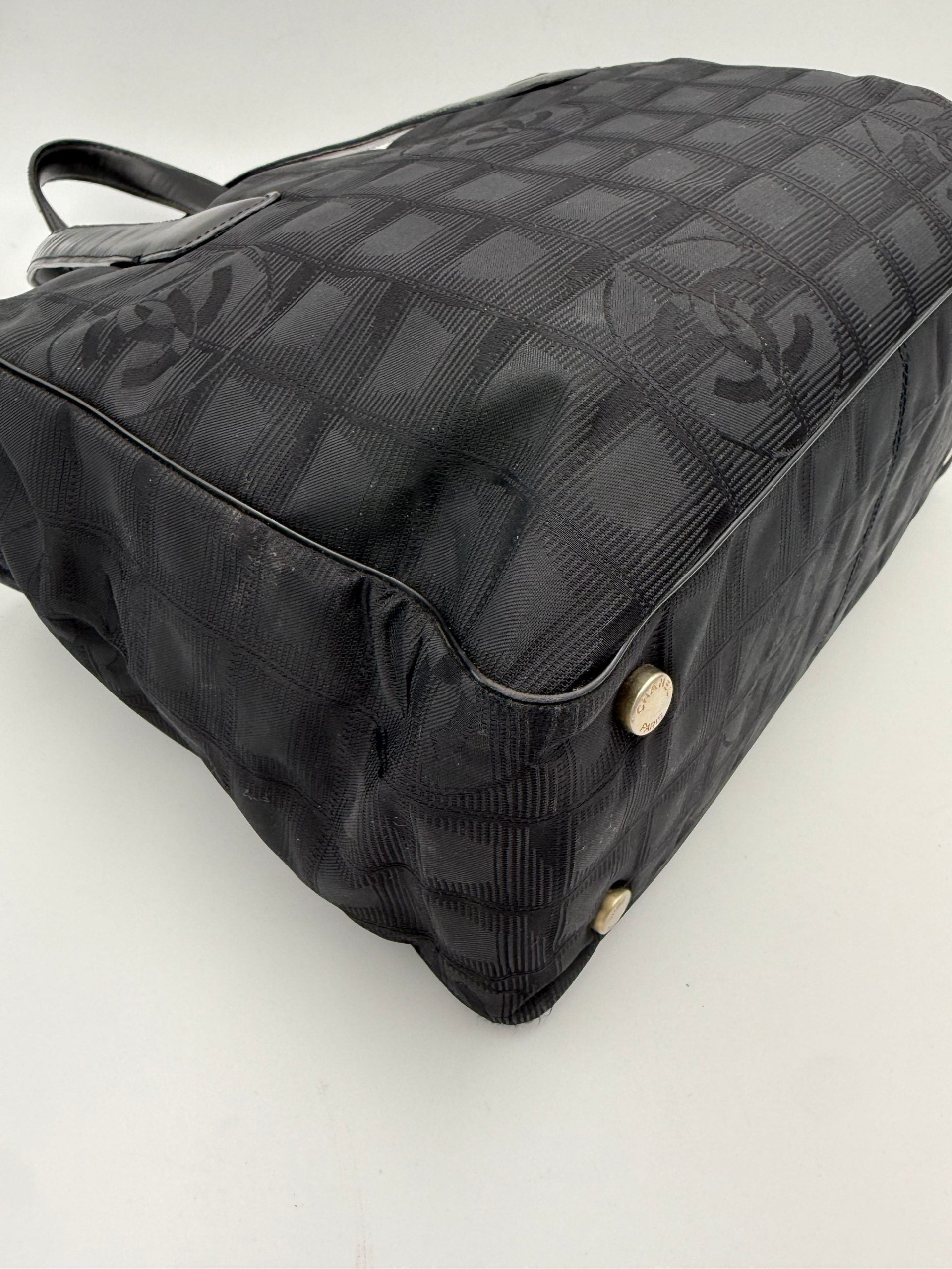 CHANEL Shopping Black Leather and Fabric Tote Bag