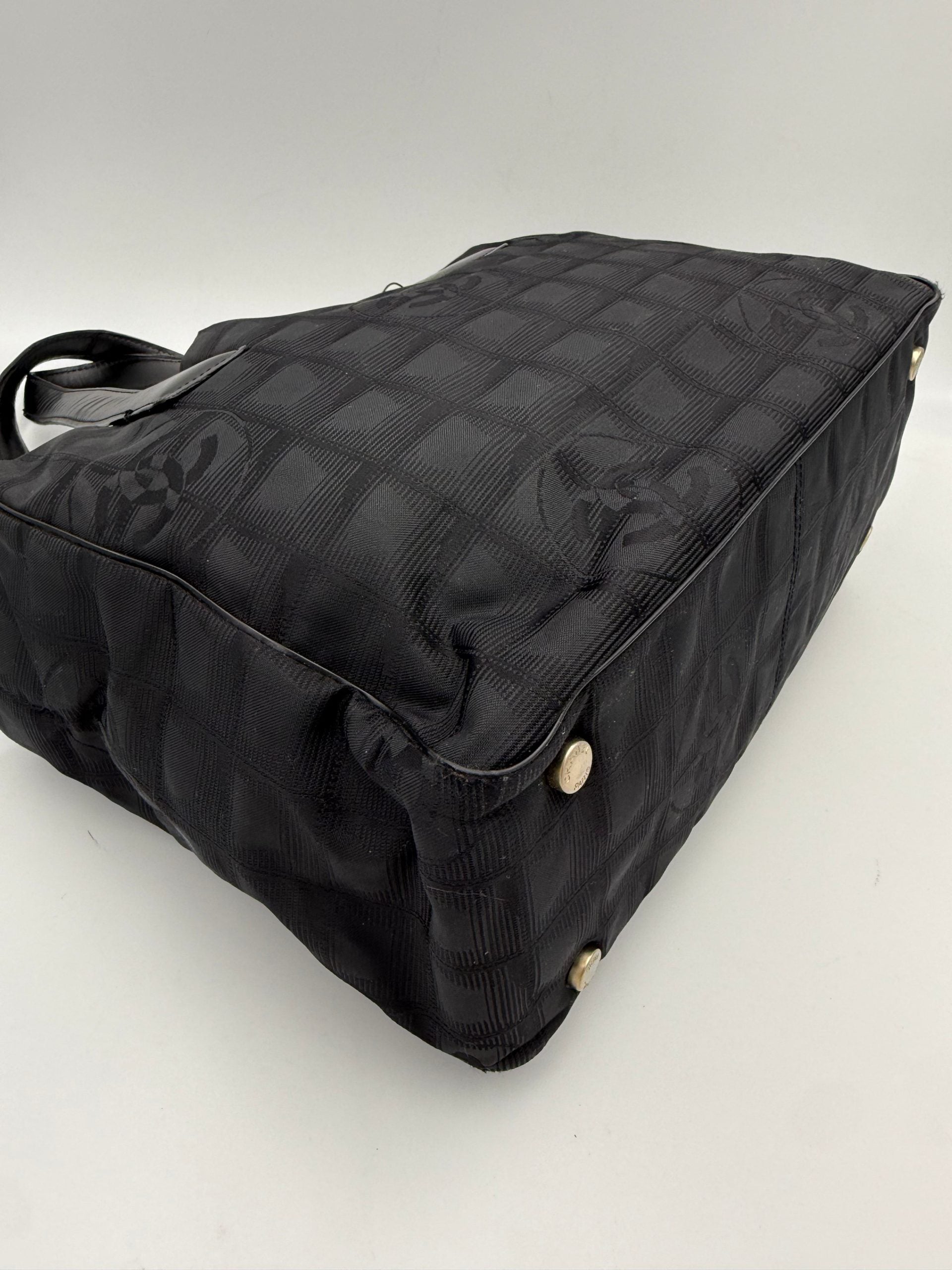 CHANEL Shopping Black Leather and Fabric Tote Bag