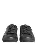 Black Leather Low Top Lace Up Sneakers Shoes