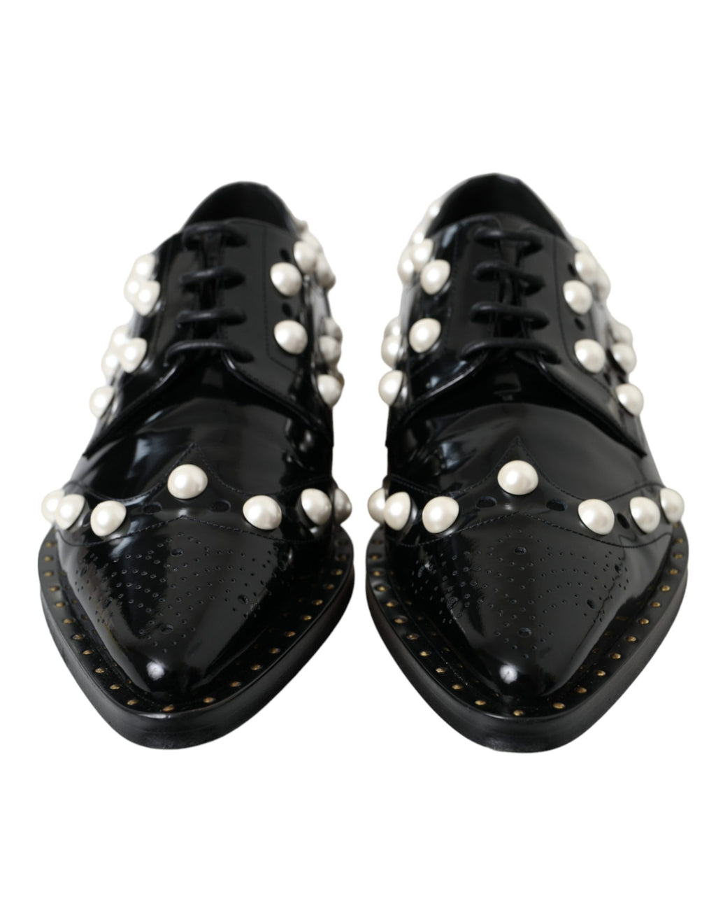 Black Leather Faux Pearl Dress Brogue Shoes