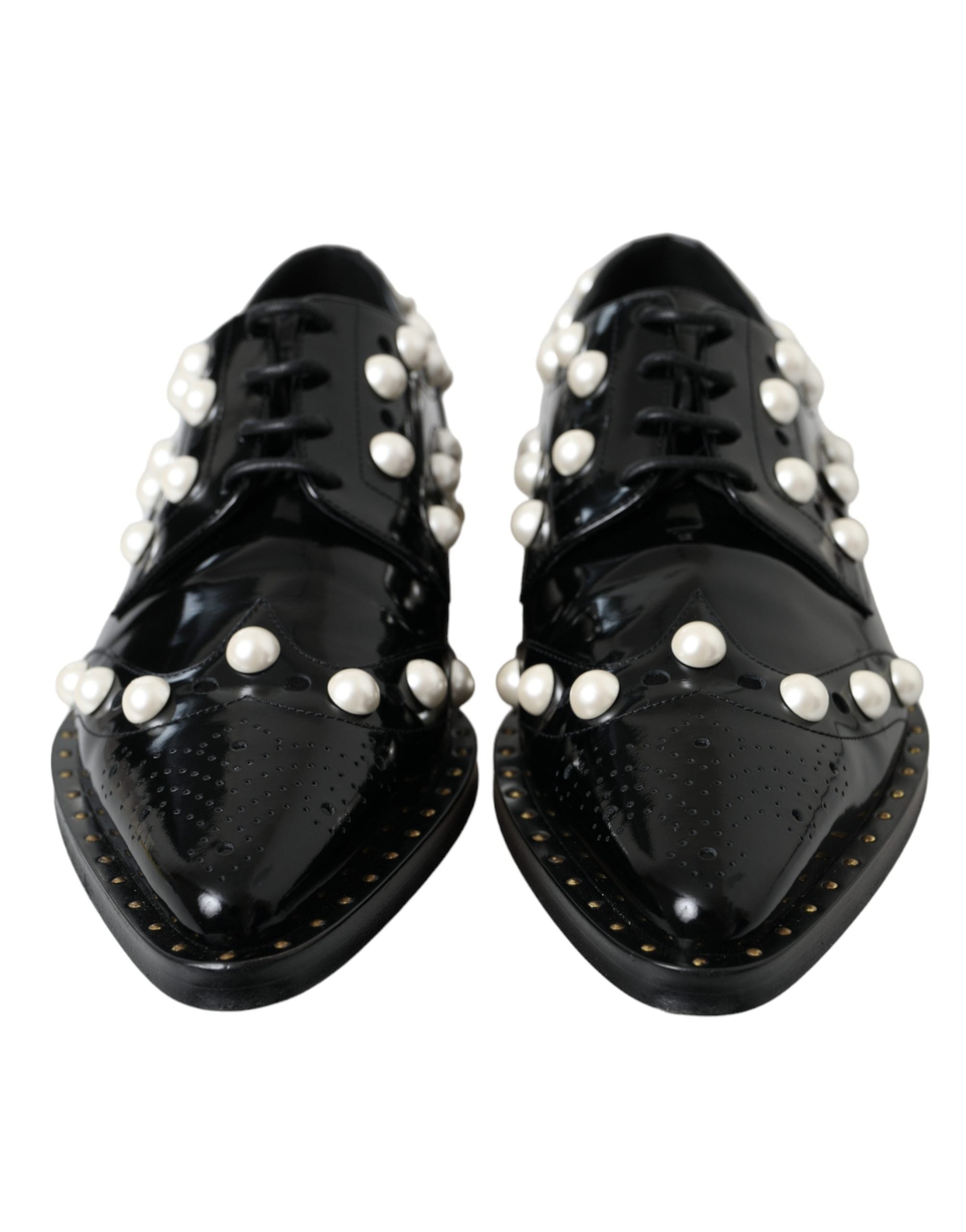Black Leather Faux Pearl Dress Brogue Shoes