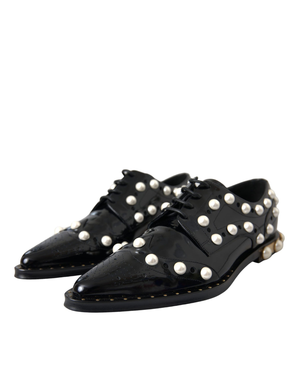 Black Leather Faux Pearl Dress Brogue Shoes
