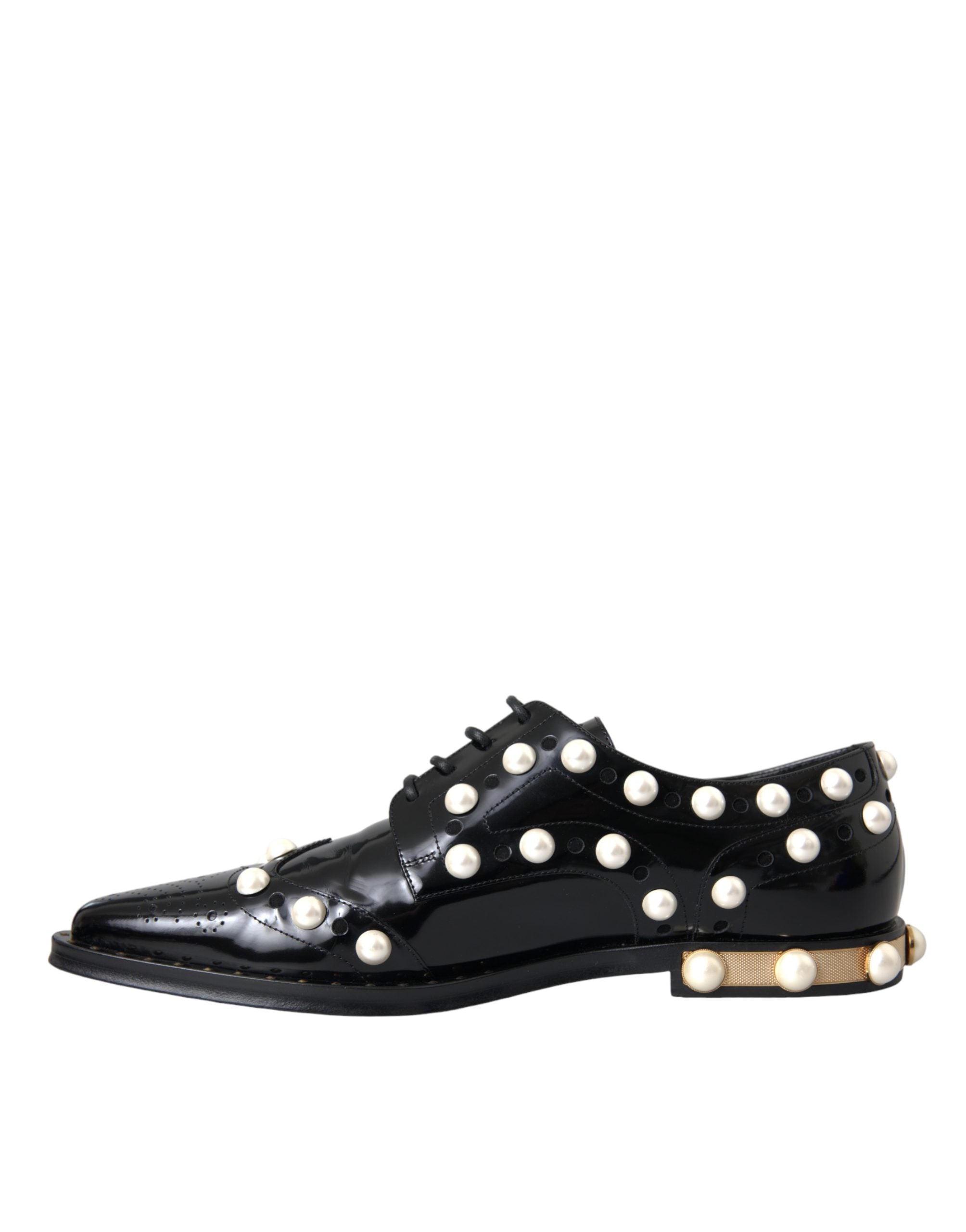Black Leather Faux Pearl Dress Brogue Shoes