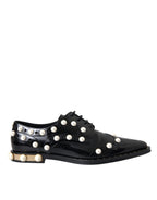 Black Leather Faux Pearl Dress Brogue Shoes