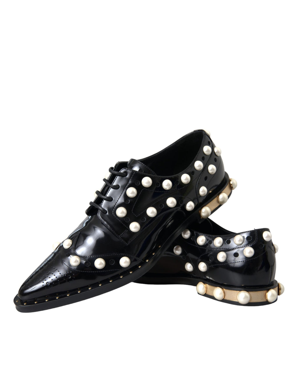 Black Leather Faux Pearl Dress Brogue Shoes