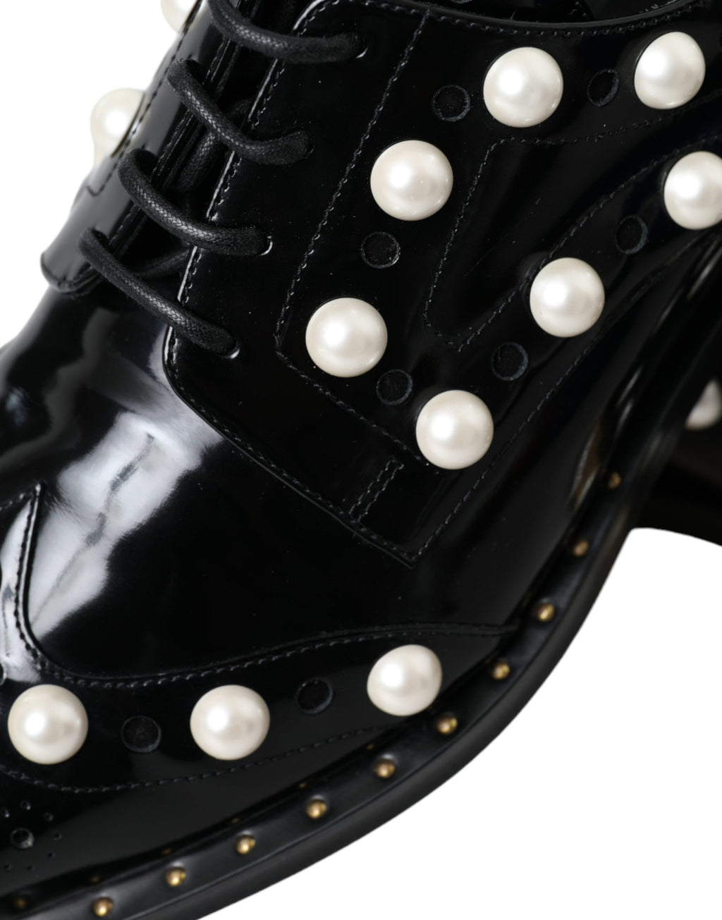 Black Leather Faux Pearl Dress Brogue Shoes
