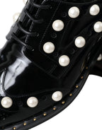 Black Leather Faux Pearl Dress Brogue Shoes