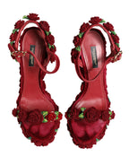 Red Rose Embellished Platform Sandals Shoes