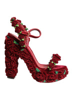 Red Rose Embellished Platform Sandals Shoes