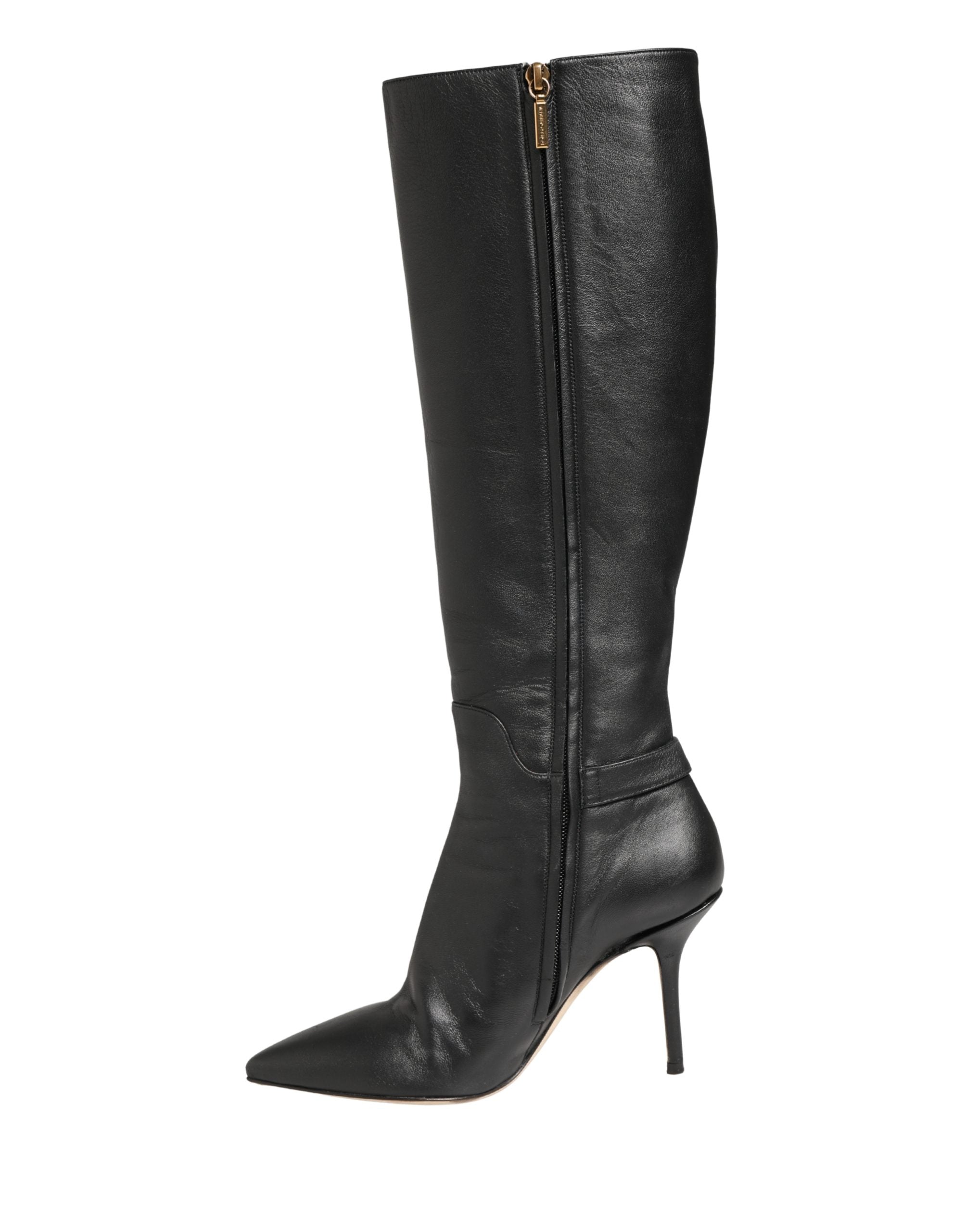 Black Leather Heels Knee High Boots Shoes