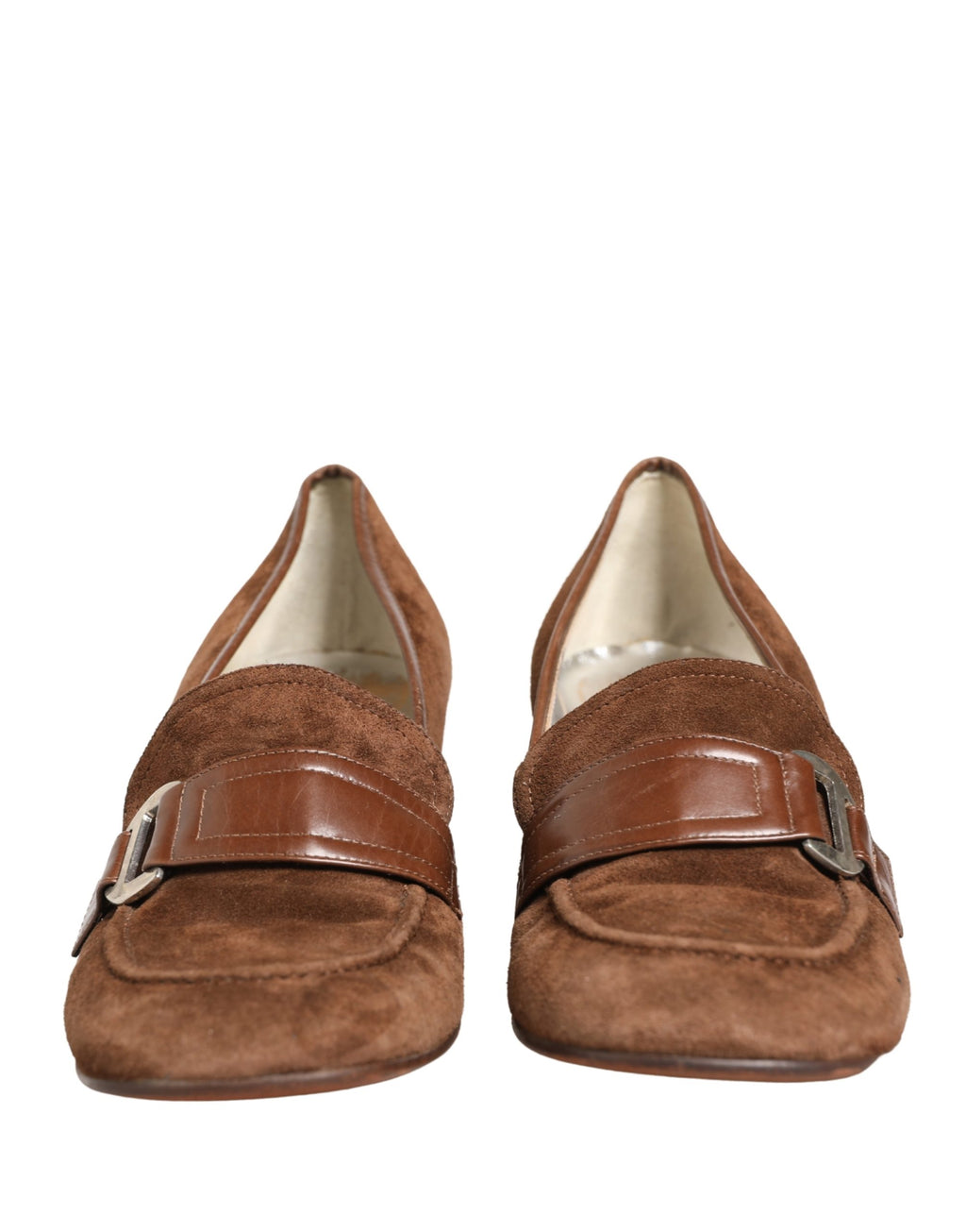 Brown Suede Block Heels Slip On Loafers Shoes