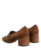 Brown Suede Block Heels Slip On Loafers Shoes