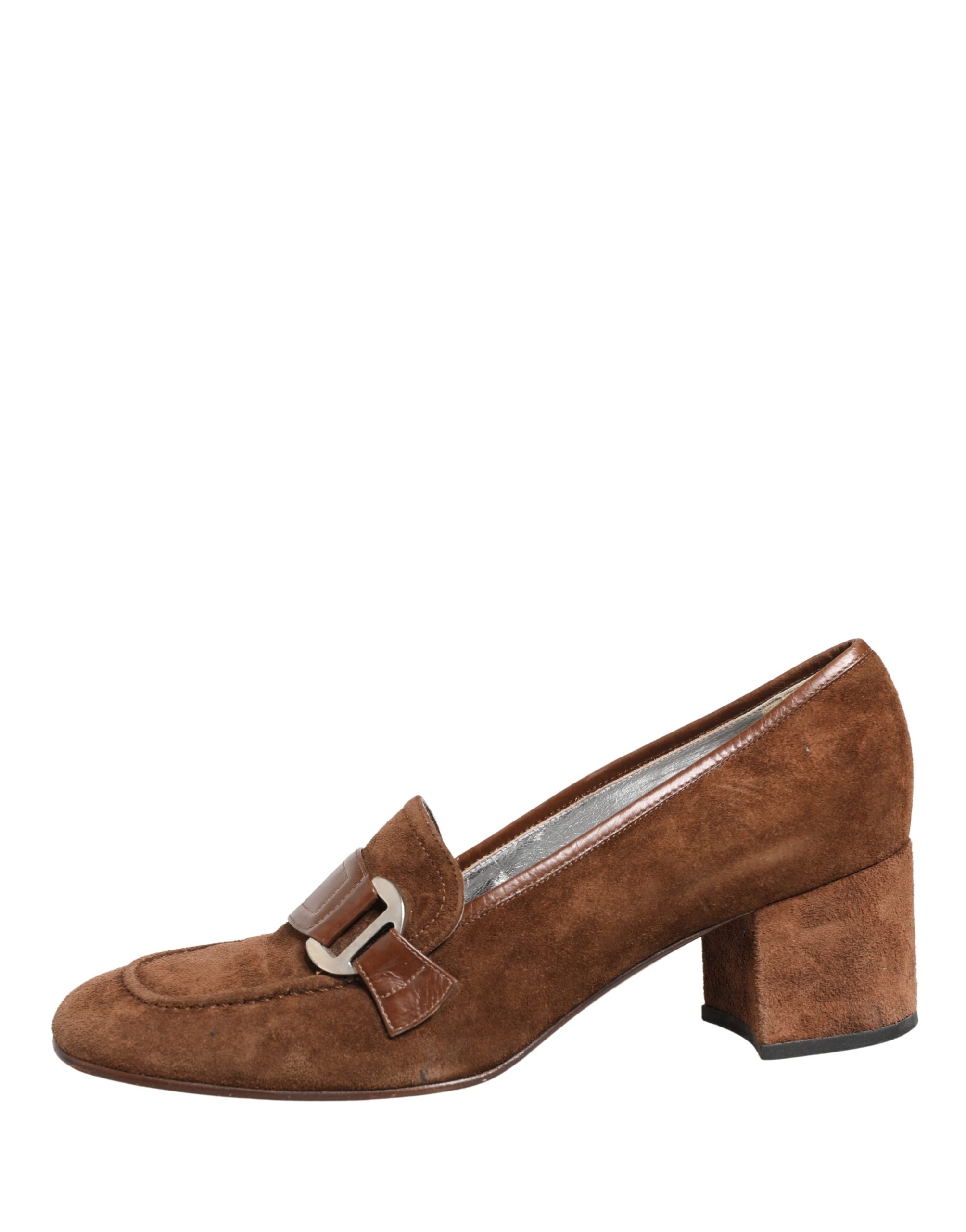Brown Suede Block Heels Slip On Loafers Shoes