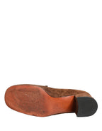 Brown Suede Block Heels Slip On Loafers Shoes