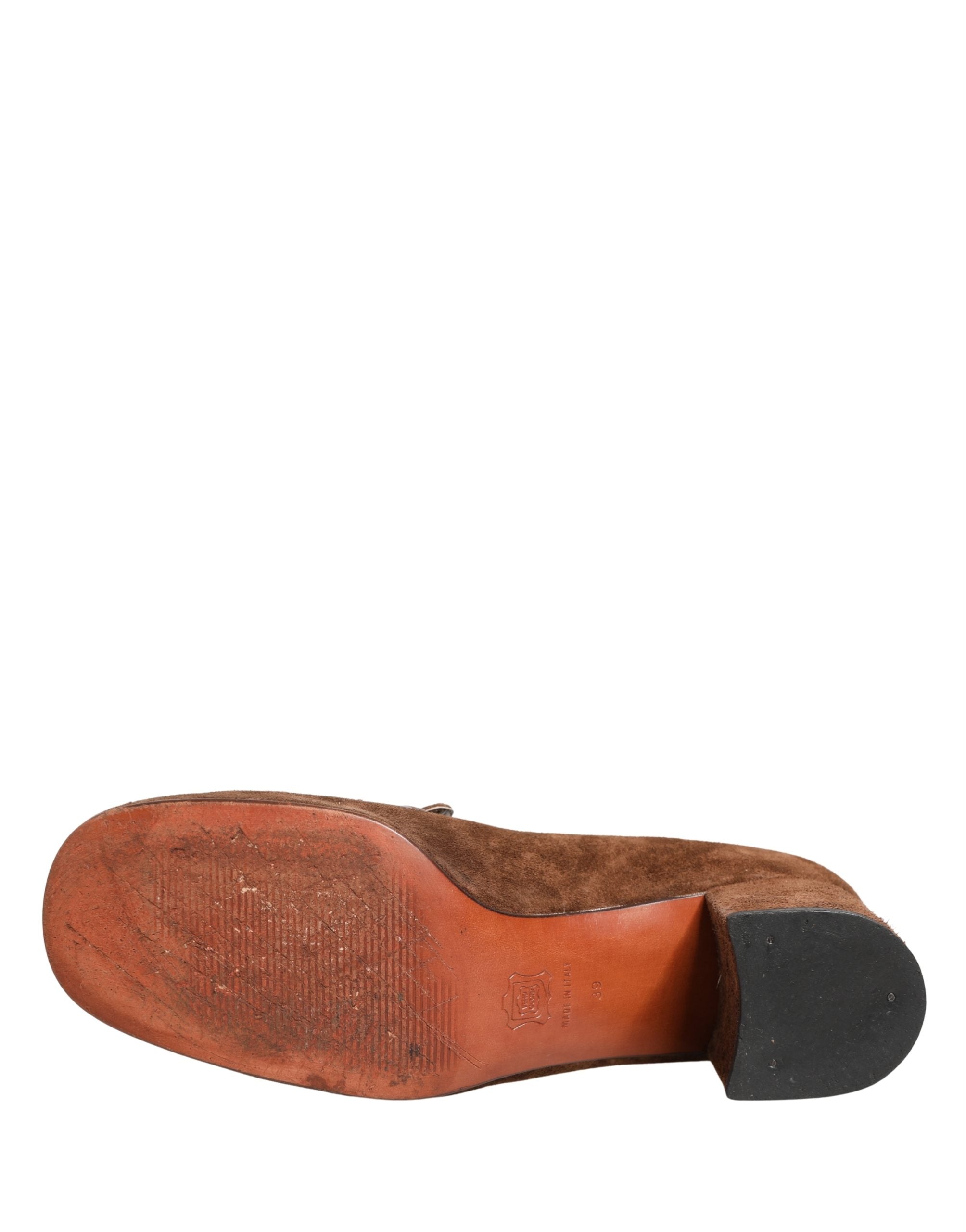 Brown Suede Block Heels Slip On Loafers Shoes