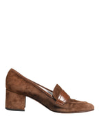 Brown Suede Block Heels Slip On Loafers Shoes