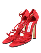 Red Calf Suede Strappy Heels Sandals Shoes