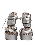 Silver Leather Platform Wedge Sandals Shoes