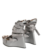 Silver Leather Platform Wedge Sandals Shoes
