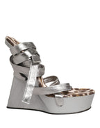 Silver Leather Platform Wedge Sandals Shoes
