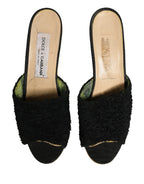 Black Fabric Fur Mule Wood Platform Heel Shoes