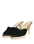 Black Fabric Fur Mule Wood Platform Heel Shoes