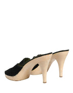 Black Fabric Fur Mule Wood Platform Heel Shoes