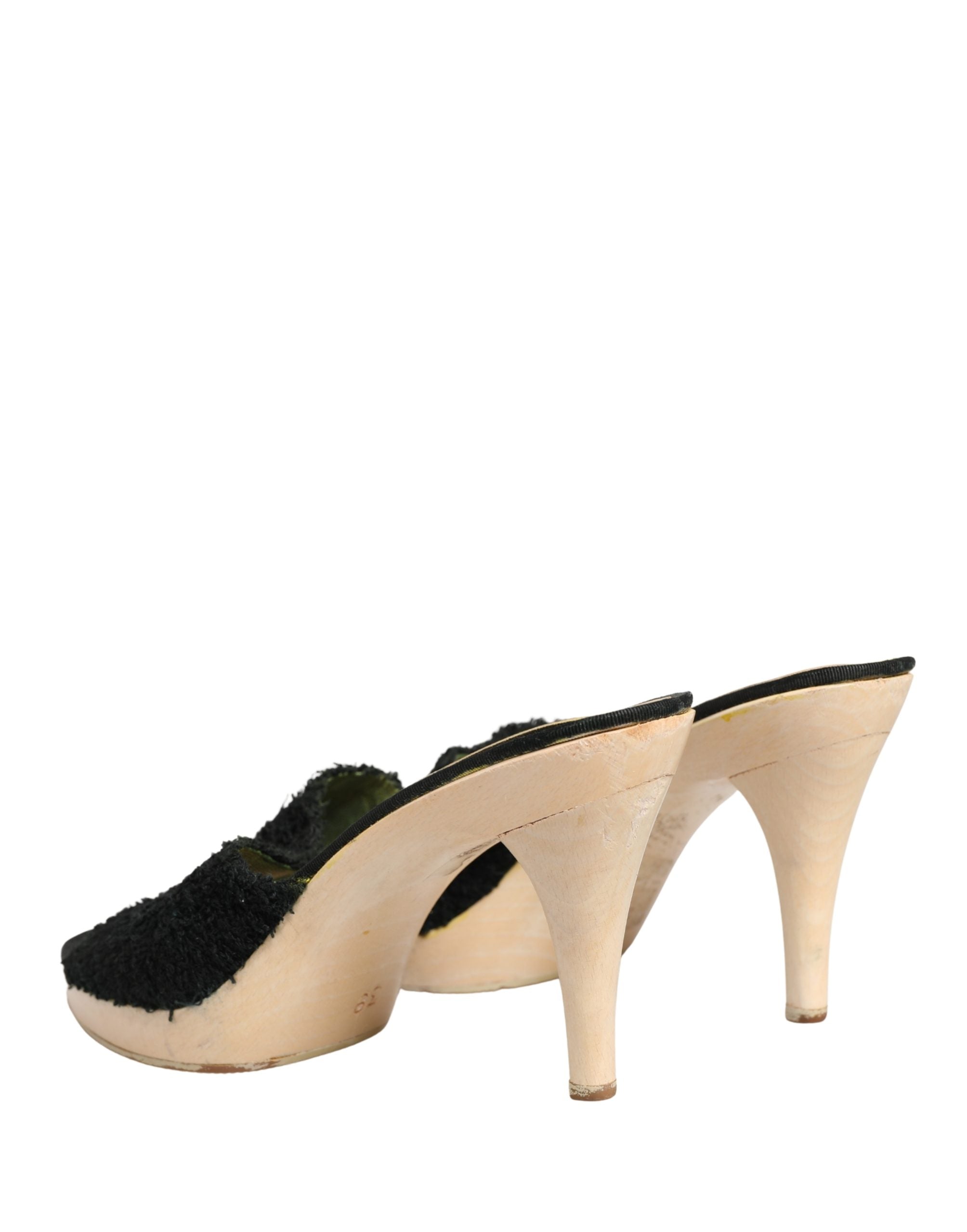 Black Fabric Fur Mule Wood Platform Heel Shoes