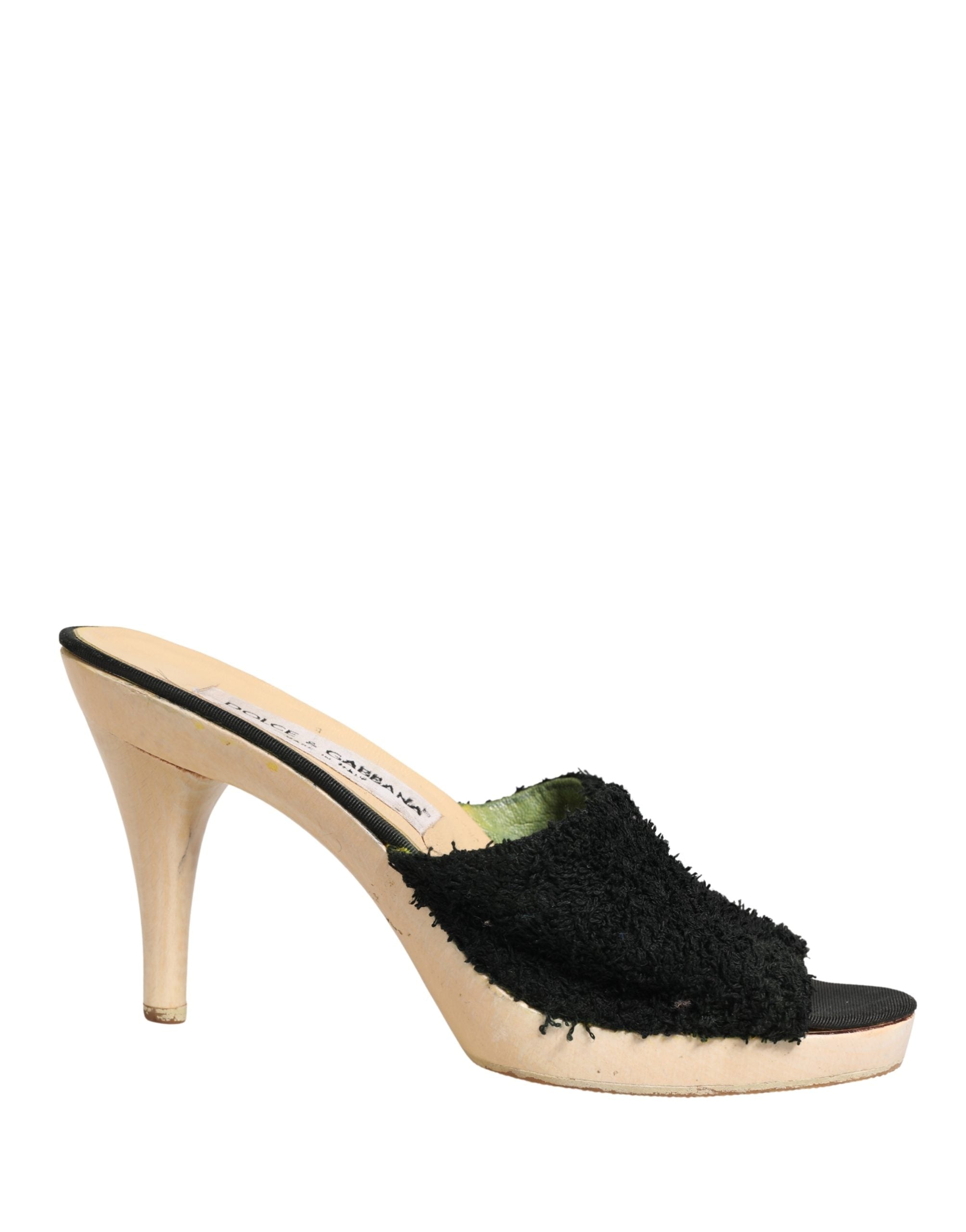 Black Fabric Fur Mule Wood Platform Heel Shoes