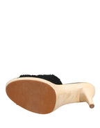 Black Fabric Fur Mule Wood Platform Heel Shoes