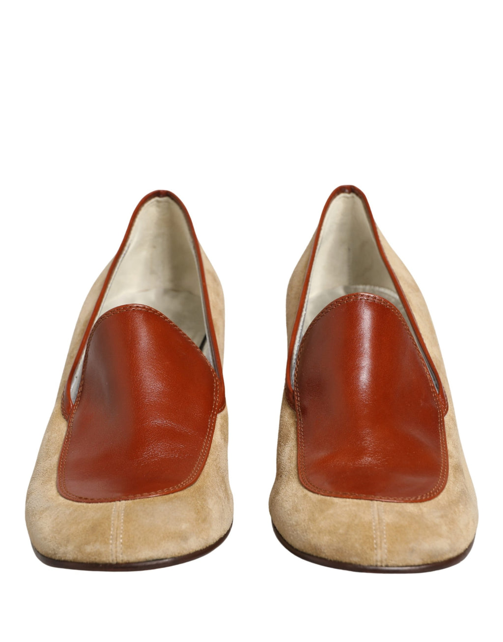 Beige Leather Suede Block Heel Loafers Shoes