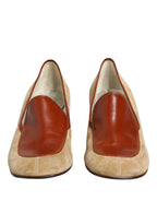 Beige Leather Suede Block Heel Loafers Shoes