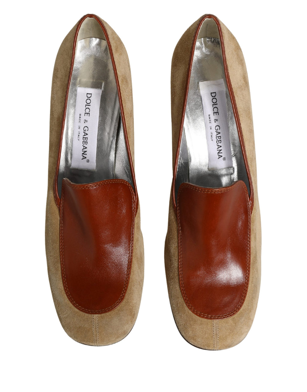 Beige Leather Suede Block Heel Loafers Shoes