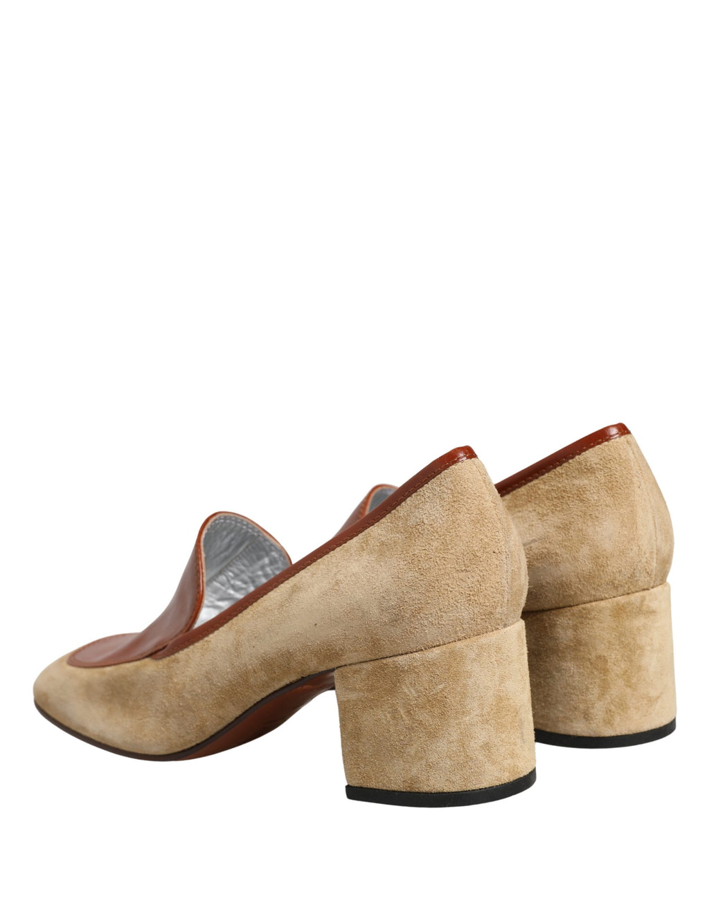 Beige Leather Suede Block Heel Loafers Shoes