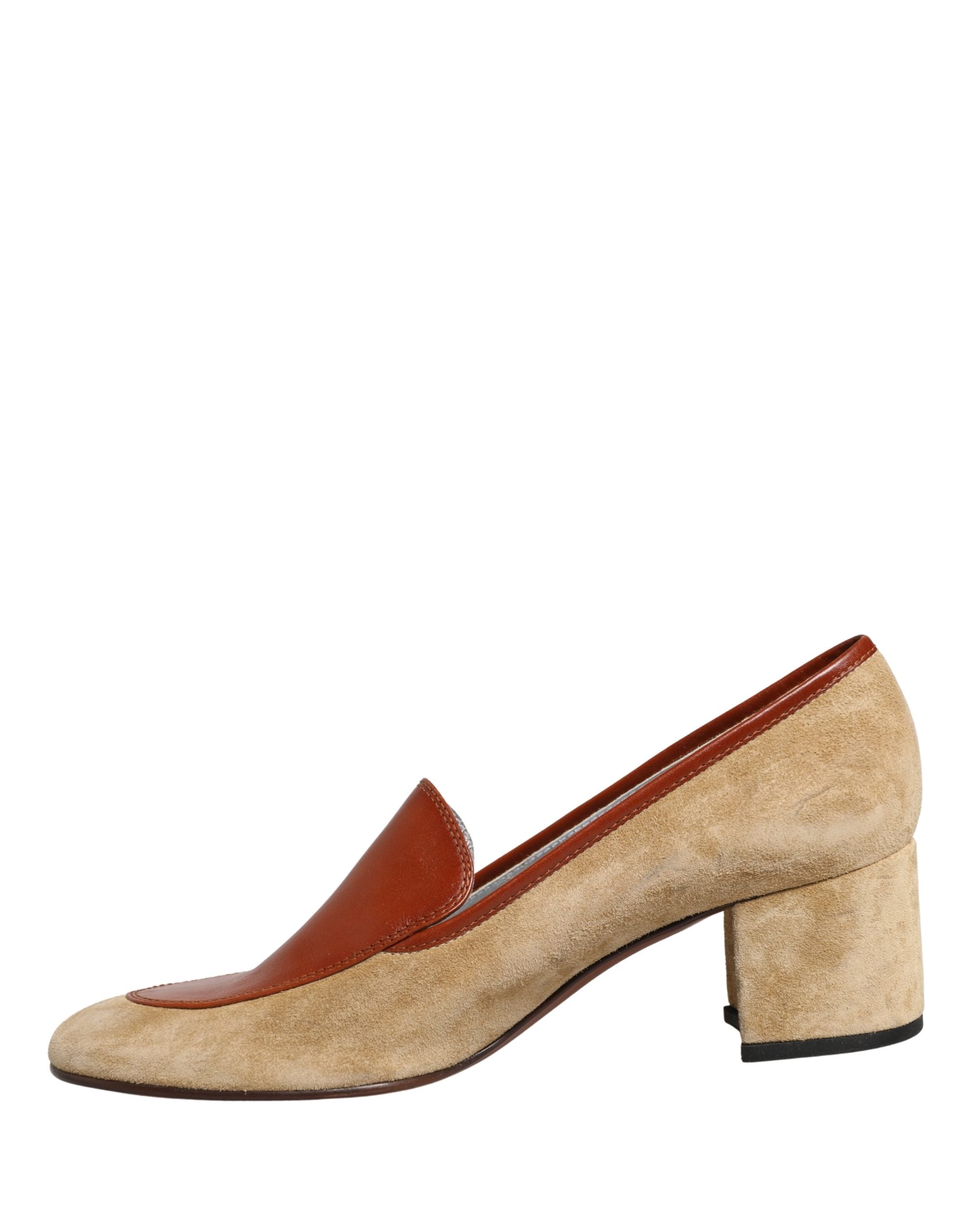 Beige Leather Suede Block Heel Loafers Shoes