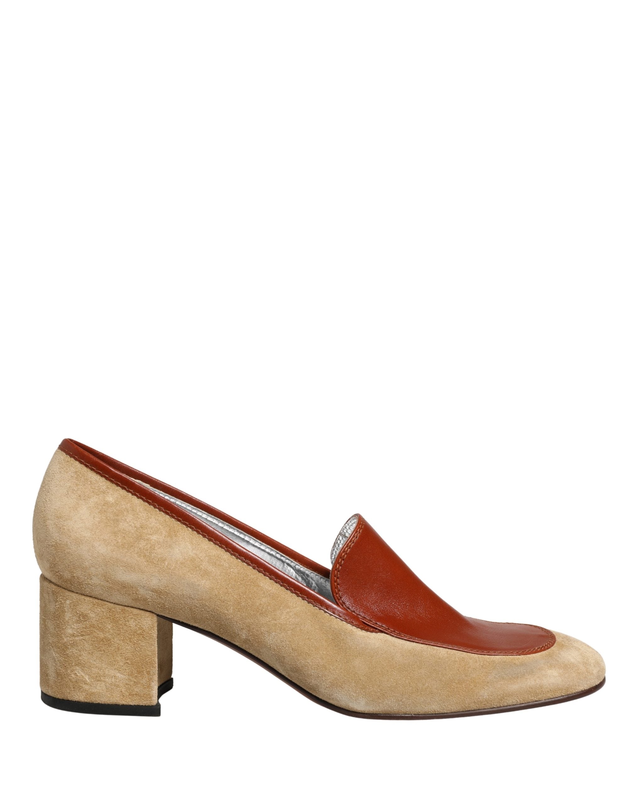 Beige Leather Suede Block Heel Loafers Shoes