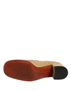 Beige Leather Suede Block Heel Loafers Shoes