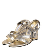 Gold Silver Leather Wedge Heels Sandals Shoes