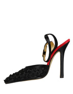 Black Satin Floral Ankle Strap Sandals Shoes