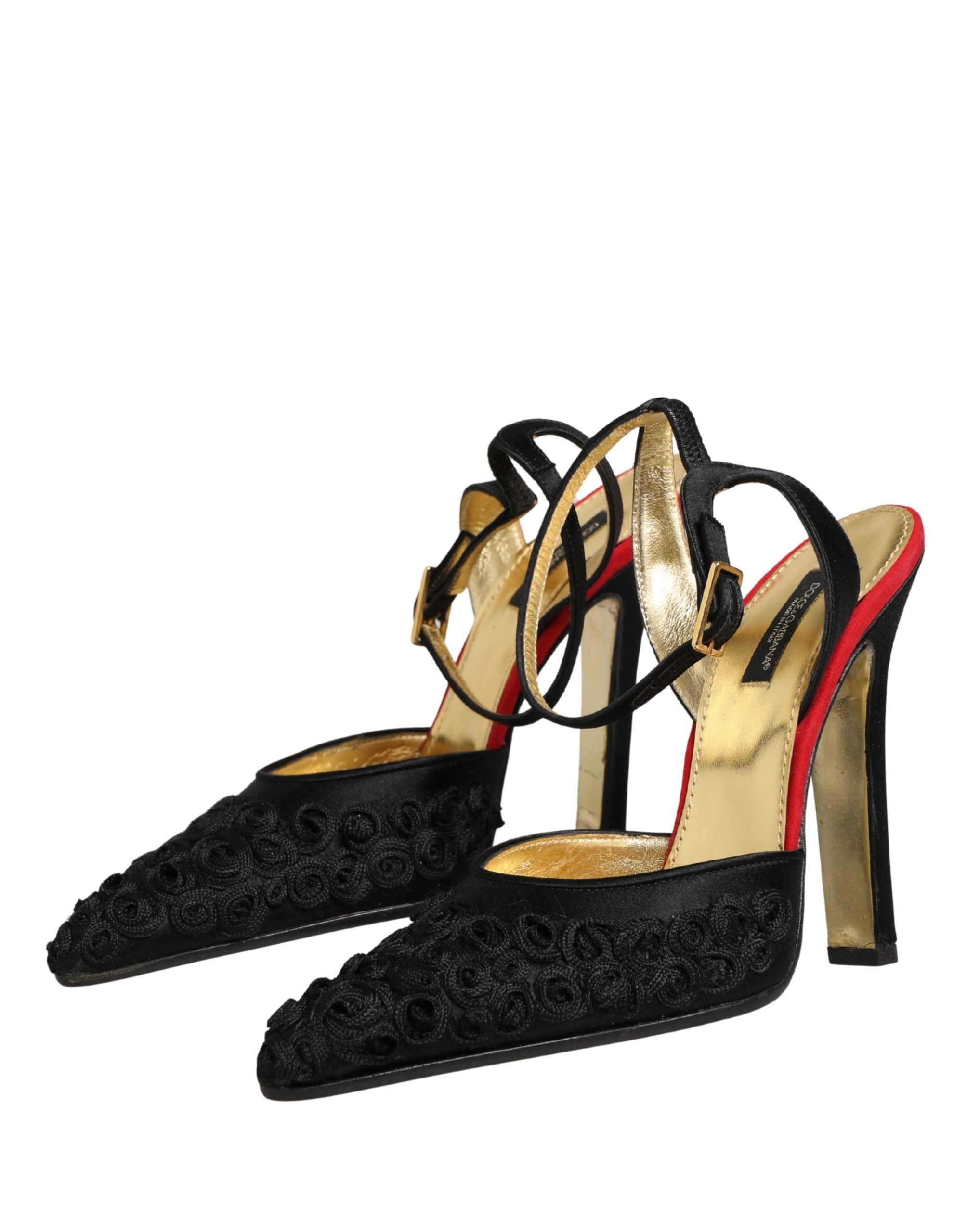 Black Satin Floral Ankle Strap Sandals Shoes