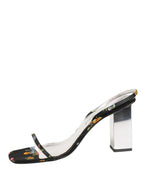 Black Silver Floral Block Heels Sandals Shoes