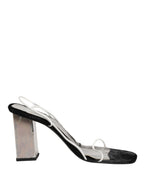 Silver Black Leather Block Heels Sandals Shoes