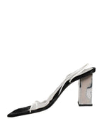 Silver Black Leather Block Heels Sandals Shoes