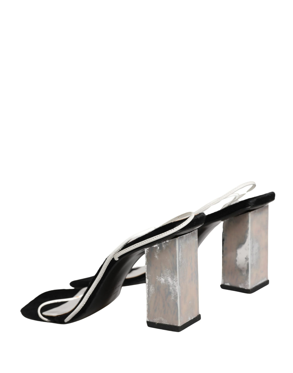 Silver Black Leather Block Heels Sandals Shoes