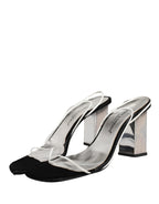 Silver Black Leather Block Heels Sandals Shoes