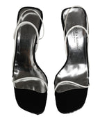 Silver Black Leather Block Heels Sandals Shoes
